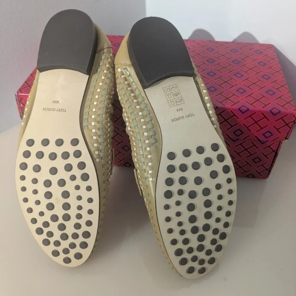 Tory Burch $348 Woven Ballet Loafer Flats Tan Blue SUPER COMFY!